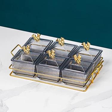 Imagem de Pratos de servir divididos de plástico com bandeja de metal, bandeja de saborear tigelas removíveis para aperitivo, molho, nozes, frutas, doces, lanches, cinza, 6 compartimentos A