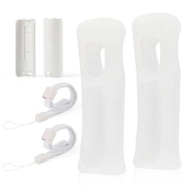 Imagem de Capa de silicone com 2 peças para controle remoto Nintendo Wii com bateria traseira e alça de pulso (branca)
