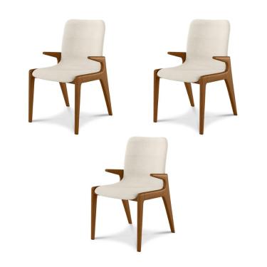 Imagem de Kit 3 Cadeiras Decorativas Sala de Jantar Madeira Maciça com Braço Pigeon Linho Bege/Mel - Gran Belo