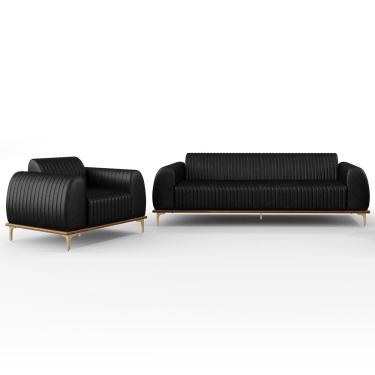 Imagem de Kit Sofá 2 Lugares 150cm Com Poltrona Molino Pés D'ouro D02 Couríssimo Preto B-159 - Lyam Decor