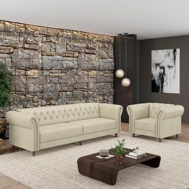Imagem de Conjunto Sala de Estar 1 Sofá Living 260cm e 1 Poltrona Stanford Chesterfield Pés Madeira Couro Off White G58 - Gran Belo