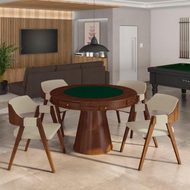 Imagem de Conjunto Mesa de Jogos Carteado Bellagio Tampo Reversível Verde e 4 Cadeiras Madeira Poker Base Cone Linho OffWhite/Imbuia G42 - Gran Belo