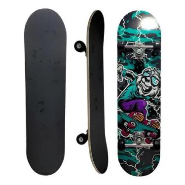 Imagem de Skate Infantil Completo, 7 Lâminas de Madeira, Design Radical com Arte em Verde e Preto, Montado com Lixa para Iniciantes