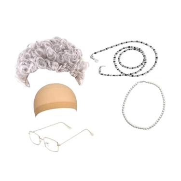 Imagem de oshhni Conjunto de fantasia de senhora idosa, peruca de vovó fácil de usar, colar realista, peruca, boné, óculos de vovó para baile de máscaras, festa de fim, Cabelo Cacheado Prateado
