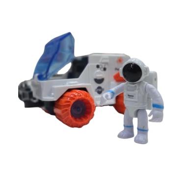 Imagem de Brinquedo Veículo Espacial Branco com Rodas Laranjae Astronalta Articulado, Brinquedo Explorador Espacial com Cabine Azul Transparente, Carro Lunar Articulado
