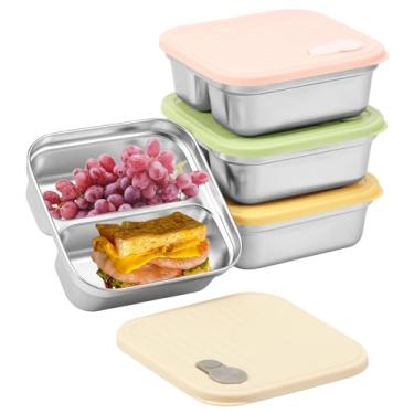Imagem de UKQRRTC 4 recipientes para sanduíche, lancheira bento de aço inoxidável de 595 g, tampa de vedação de silicone com ventilação, base de metal de grau alimentício, à prova de vazamento, lavável na