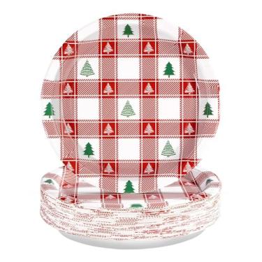 Imagem de 50 peças de pratos de papel guingão de Natal, 25 cm, grandes, resistentes, para árvore de Natal, búfalo vermelho e branco, pratos temáticos de sobremesa xadrez xadrez para Natal, inverno, férias