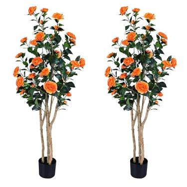 Imagem de Camélia de árvores artificiais realistas com troncos de madeira natural, rosa sintética de seda perene com flores de seda, decoração interna para sala de estar, varanda, escritório (2, laranja, 1,5 m)