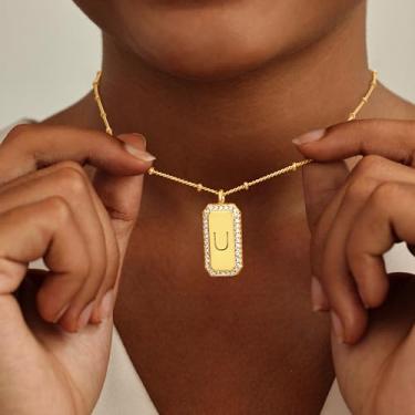 Imagem de Colar feminino retangular com inicial de ouro 14K banhado a ouro 14 K com pingente de letra e contas, Medium, Latão, Sem Pedra Preciosa