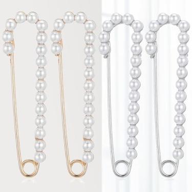 Imagem de Pacote com 4 broches de ouro e prata, clipes de suéter de pérolas de cristal falso, alfinetes de segurança decorativos para vestido de xaile, Standard, Liga de aço, Sem Pedra Preciosa