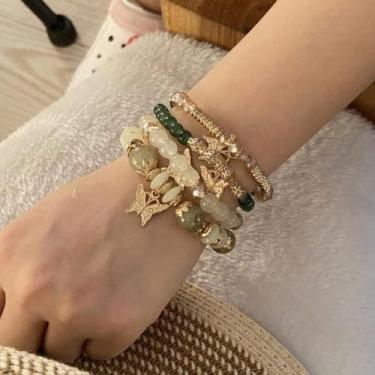 Imagem de 4 conjuntos de pulseiras boêmias empilháveis com contas para mulheres, estilo boêmio, elástico, multicamadas, conjunto de joias, One Size, Poliéster, Sem Pedra Preciosa