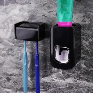 Imagem de Suporte de escova de dentes de parede com 2 compartimentos, organizador de armazenamento de escova de dentes autoadesivo para chuveiro, cabide de escova de dentes com dispensador automático de pasta