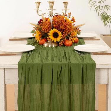 Imagem de Caminho de mesa de gaze verde, corredor de mesa de gaze rústica Boho de 300 cm para outono, Ação de Graças, casamento, festa, chá de bebê, aniversário, decorações de casa e férias