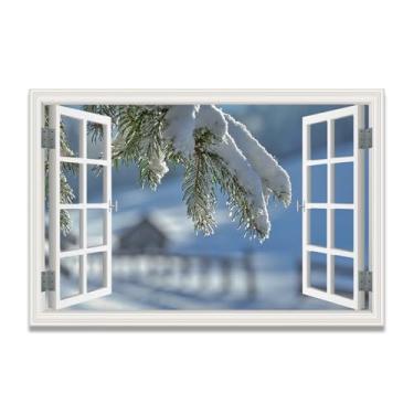 Imagem de LKXGRRSFG Tela de janela falsa coberta de neve com economia de espaço, arte de parede cênica realista para quarto, casa, 80 x 120 cm, sem moldura