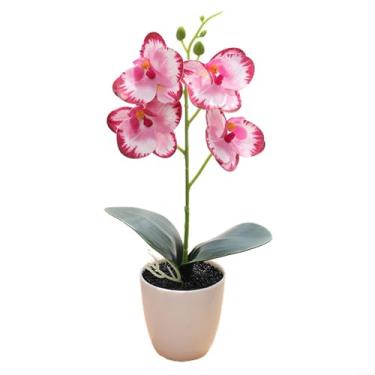 Imagem de Filme de flor artificial com três flores Phalaenopsis Bonsai ornamentos criativos vaso de plantas E Jh5792 rosa vermelha quatro flores Phalaenopsis pequeno bonsai falso plantas internas, decoração de