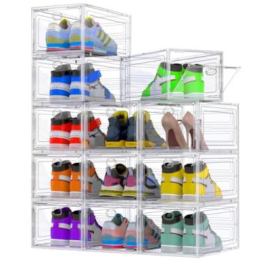 Imagem de Pacote com 12 organizadores grandes de sapatos rígidos para tamanho 14, organizador de caixa de armazenamento empilhável modular de plástico transparente para armário, caixa de armazenamento para