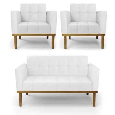 Imagem de Sofá Namoradeira E 2 Poltronas Base Madeira Castanho Elisa Corino Branco D03 - D'rossi