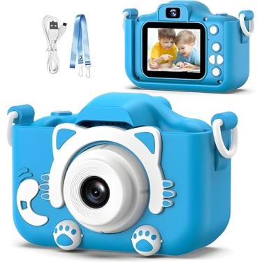 Imagem de Câmera Digital Infantil Premium com Tela - LCD, Filma em HD, Portátil e Recarregável, Possui Jogos Divertidos Para as Crianças, Capa de Silicone Gatinho (Azul)