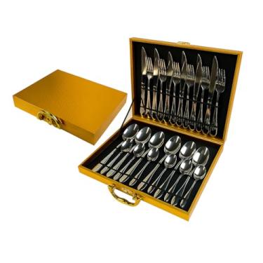 Imagem de Faqueiro de Luxo 24 Peças em Aço Inoxidável, Maleta Dourado, 6 Garfos, 6 Facas, 6 Colheres Mesa, 6 Colheres Sobremesa