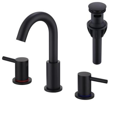 Imagem de AmirLans Torneiras de banheiro pretas com 3 furos, torneira de banheiro preta fosca com ralo pop-up, aço inoxidável, 2 manípulos, torneira ampla de 20 cm para pia de banheiro