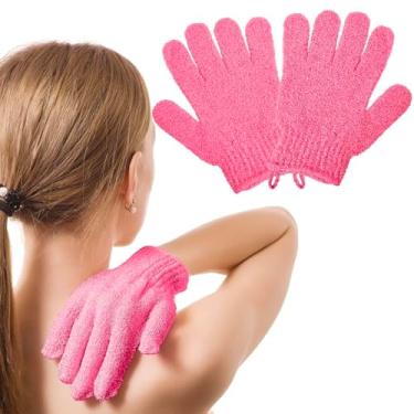 Imagem de Um par com luva esfoliante com cordão usa esponja de bucha, luva esfoliante reutilizável para banho para homens e mulheres (rosa vermelha)