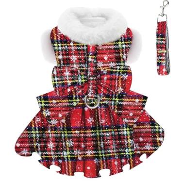 Imagem de Suéter de Natal para cães com arnês conjunto de trela quente de lã macia xadrez roupas para meninas pequenas roupas de inverno casaco de inverno PP vestidos para cães pequenos