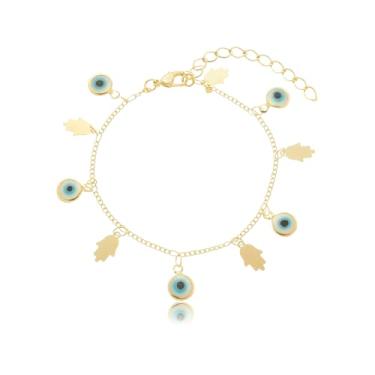 Imagem de Drusi Semi Joias, Pulseira Pingentes Olho Grego e Mão de Fátima Folheada Em Ouro 18k