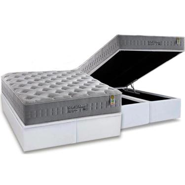 Imagem de Cama Box Baú King: Colchão Molas Ensacadas Anjos Masterpocket Soft Dream + Base Branco(193X203)