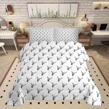 Imagem de Conjunto de cama de caubói, tamanho casal, gado, crânio, asteca, boêmio, para decoração de quarto de crianças, adulto, vintage, estilo rústico, edredom de poliéster macio, edredom branco, 2 fronhas
