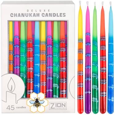Imagem de Zion Judaica Velas coloridas de cera de abelha Hanukkah 45 velas de menorá de cera natural foscas multicoloridas 1 cm serve para menorá padrão DIY Dreidel & Minorah Blessing Card para decoração de