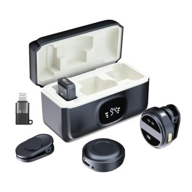 Imagem de Microfone de lapela sem fio para iPhone/iPad/Android com capa de carregamento, clipe de 8 horas, microfone de lapela sem fio para gravação de vídeo, vlogging, YouTube, entrevista, 3 modos Denoise,