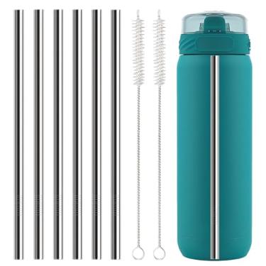 Imagem de Canudos de metal de substituição para acessórios Ello Cooper 623 g, 6 peças reutilizáveis de aço inoxidável com 2 escovas de limpeza, compatível com garrafa de água Ello