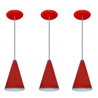 Imagem de Kit 03 pendentes de aluminio modelo cone - ideal para balcao cozinha americana, bancada (Vermelho)