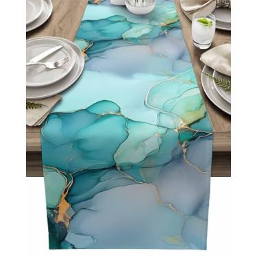Imagem de Caminho de mesa com linhas douradas de mármore verde, caminhos de mesa de linho de algodão 177 cm de comprimento, cachecol de cômoda de arte abstrata para cozinha, café, jantar, sofá/mesas de canto