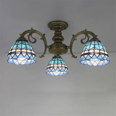 Imagem de Lustre vintage americano de luxo europeu para sala de estar, restaurante, quarto, villa, hotel, café ou bar, luminária pendente de vidro azul com LED (3 lâmpadas)