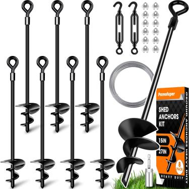 Imagem de Pacote com 8 âncoras de solo de 35,5 cm com kit de âncora de galpão de cabo galvanizado de 1/20.3 cm, estacas de trampolim, âncoras de vento forte – Ideal para coberturas, galpões, portas de carro