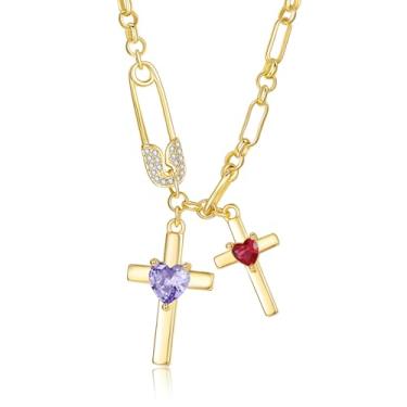Imagem de SilvecFantasy Colar de cruz de ouro para mulheres, pingente de cruz dupla de 14 K, pino de segurança delicado, 2 pedras do nascimento, clipe de papel, corrente de fé, joias modernas, presentes