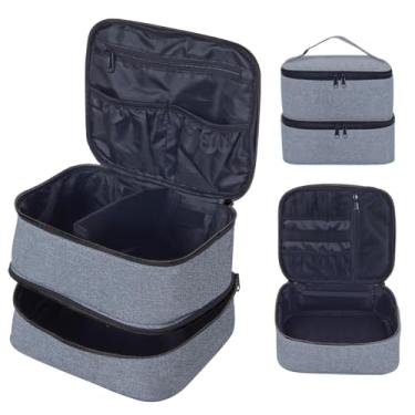 Imagem de TANPADUAJI Bolsa de maquiagem de camada dupla, organizador de cosméticos grande portátil com divisórias ajustáveis, bolsa de viagem para acessórios, pincéis, condicionador e produtos de cuidados com a