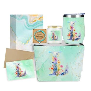 Imagem de XLRSDF Presentes personalizados monograma de aniversário para mulheres, Mamãe Nova Mãe Ação de Graças Casamento Natal Inicial Copo de Vinho Bolsa de Maquiagem Vela Perfumada Conjunto de Pulseira (Flor