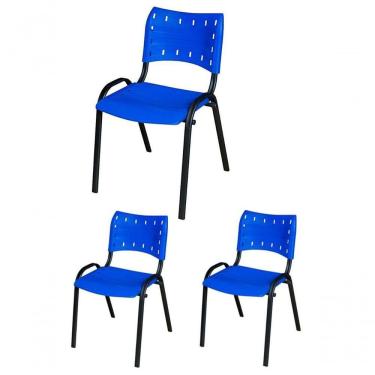 Imagem de Cadeira Iso Base Preto Igreja, Escola, Escritório - Azul - Kit 3 Peças