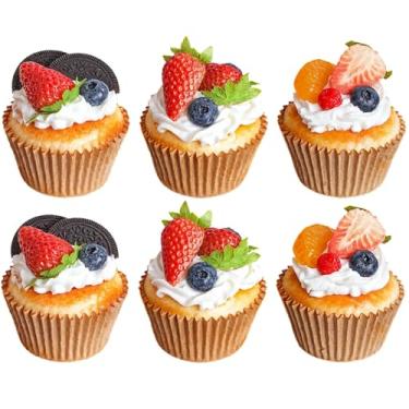 Imagem de Conjunto de decoração de cupcake artificial, cupcakes falsos realistas com frutas e creme, inclui 6 peças para uso doméstico e fotográfico