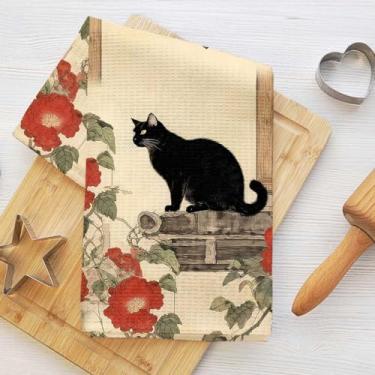 Imagem de Toalhas de cozinha japonesas de desenho animado de gato e cena da natureza, toalha de prato decorativa de microfibra absorvente estilo japonês, toalhas de chá de waffle para cozinha, casa, banheiro