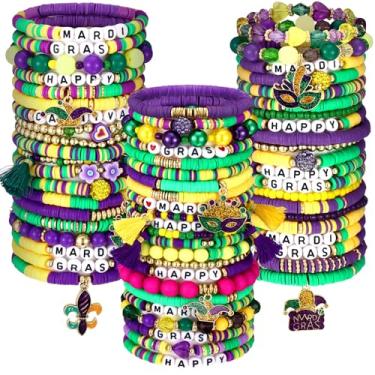 Imagem de Landical 64 pulseiras da amizade, pulseiras femininas com contas, pulseiras Heishi, inspiradoras, empilháveis, pulseiras elásticas com contas de disco de vinil para presentes de amigos, Mardi Gras,