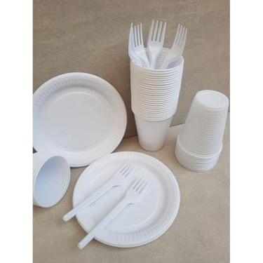 Imagem de Kit Descartável Econômico 150 Itens - Conjunto para Festas com Pratos, Copos e Garfos para Aniversário e Eventos(Branco 150 itens)