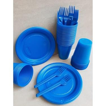 Imagem de Kit Descartável Econômico 150 Itens - Conjunto para Festas com Pratos, Copos e Garfos para Aniversário e Eventos(Azul 150 itens)