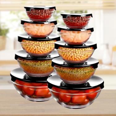 Imagem de Conjunto de Potes de Vidro com Tampa, 10 Peças, Tigelas Empilháveis com Tampas, Multiuso para Cozinha, Tamanhos Variados de 100ml a 1000ml, Próprio para Micro-ondas e Freezer