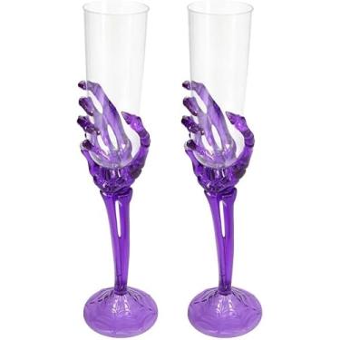 Imagem de Taças de champanhe de mão de esqueleto de plástico de Halloween - Conjunto de dois (roxo)