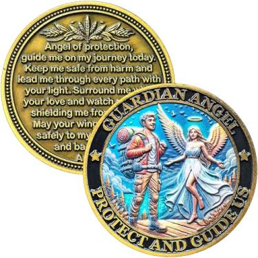 Imagem de Guardian Angel Challenge Coin 1.57" Zinc Alloy with Protective Case – Traveler Prayer Coin, Angel Protection Pocket Token for Safe Travel, Car and Hiker Gift
