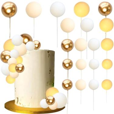 Imagem de Ephlyn 32 peças de topo de bolo colorido em forma de bola bolas de pérola enfeite de bolo de cupcake para festa de aniversário suprimentos de decoração de casamento ouro branco amarelo cáqui