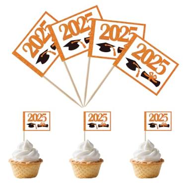 Imagem de TMHTMH 100 peças 2025 tema formatura cupcake palito bandeiras, mini 2025 graduação boné diploma cupcake festa decorações suprimentos, decoração de cupcake coquetel fruta (laranja)